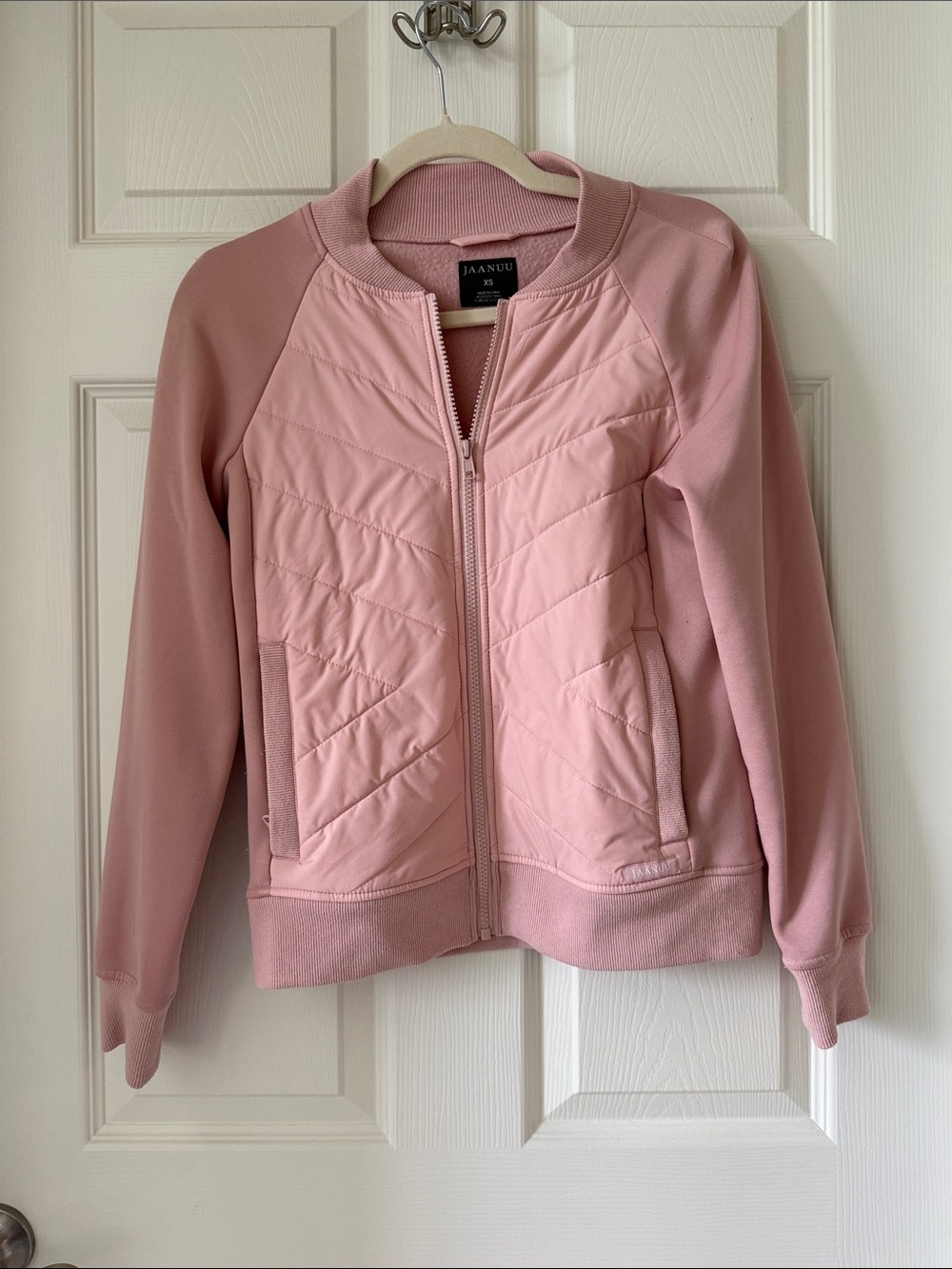 Jaanuu Blush Pink Quilted Bomber Jacket